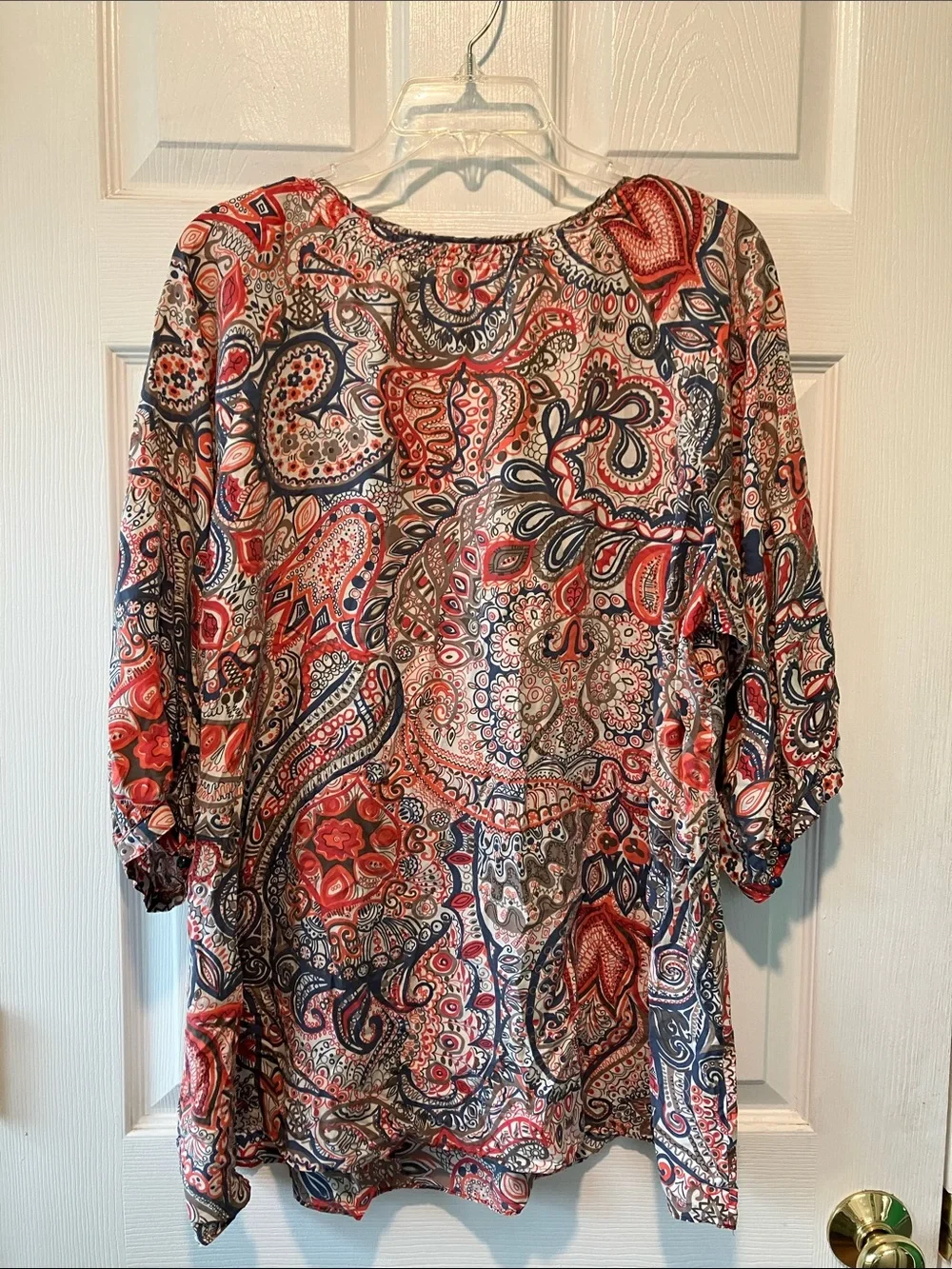 Banana Republic Red and Navy Paisley Peasant Blouse 100% silk xl